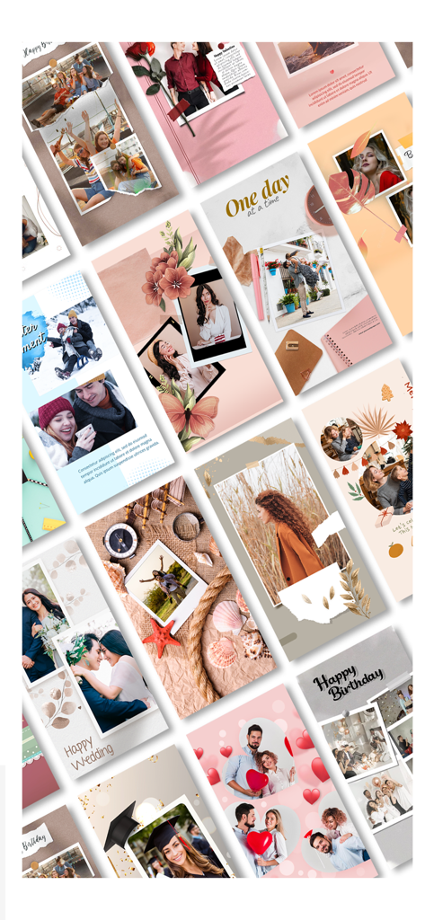 Photo Collage Maker・ - 結婚式、旅行、誕生日のデザインを示す、Instagramストーリー向けのさまざまな美しいフォトコラージュテンプレート