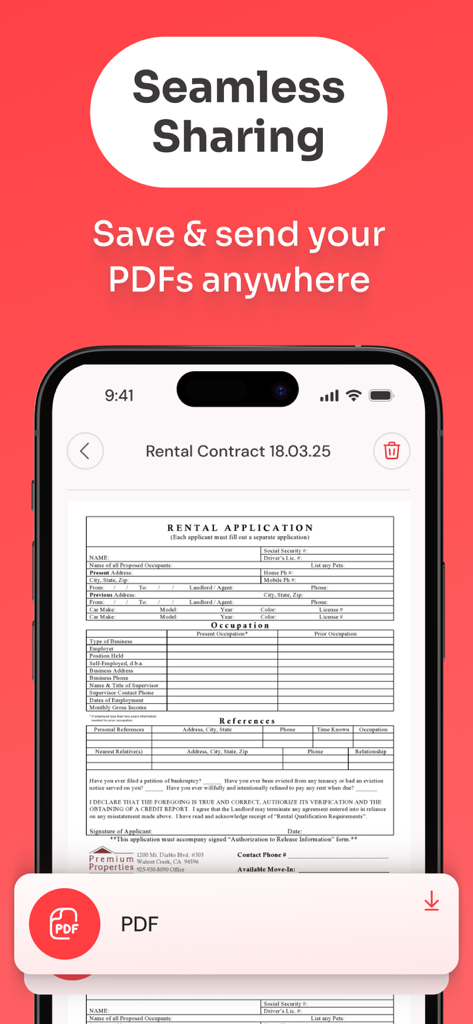 Interface do aplicativo Any2PDF exibindo um documento de contrato de aluguel com opções perfeitas de compartilhamento e salvamento.