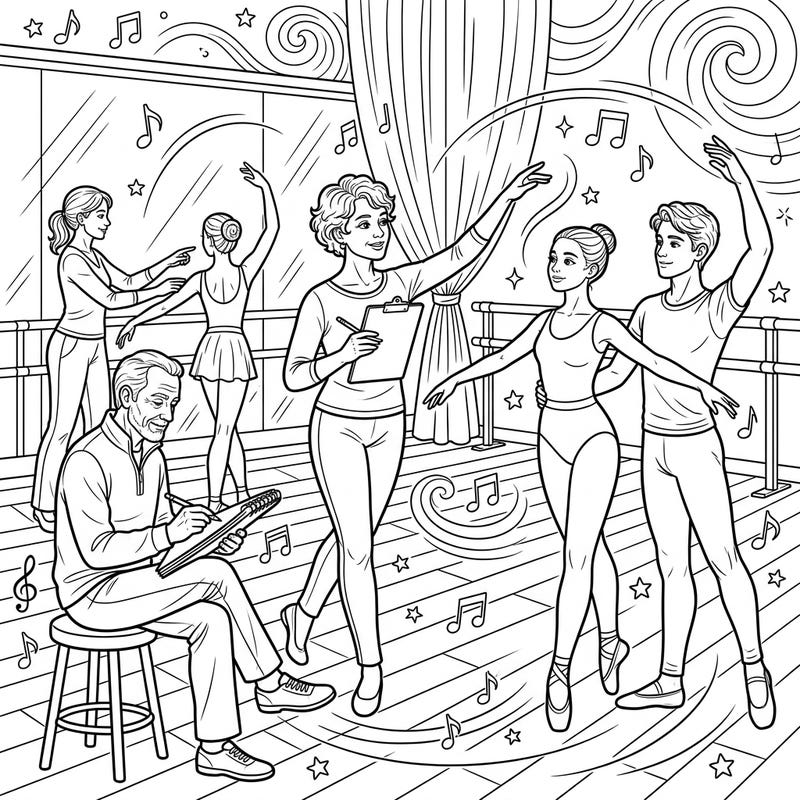 Immerse yourself in the elegant world of dance with this captivating coloring page centered around ballet choreographers. Witness the creativity and dedication as they guide dancers in a lively studio setting, ready for your artistic touch.