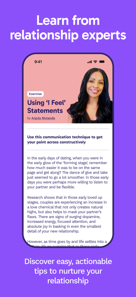 Relationship expert sharing communication tips on the Paired app screen