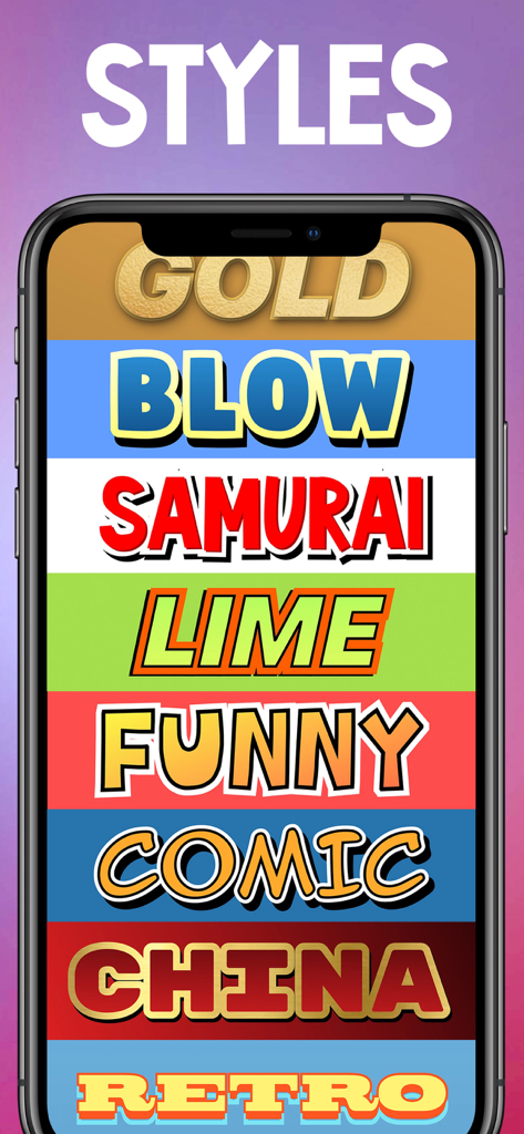 txt: Add Text To Photo & Video - A mobile screen displaying various text styles including gold, comic, and retro fonts for photo and video editing.