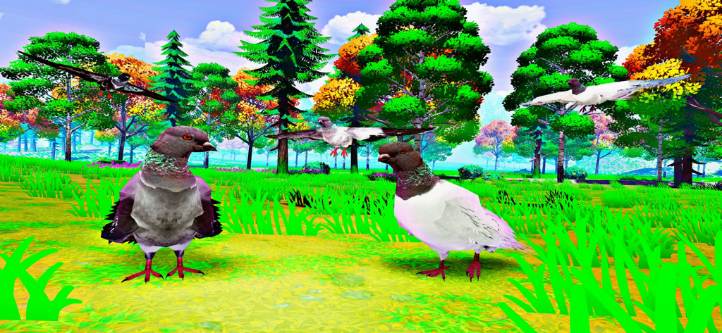 flying pigeon bird simulator - A flock of pigeons flying and standing in a lush green park in Flying Pigeon Bird Simulator