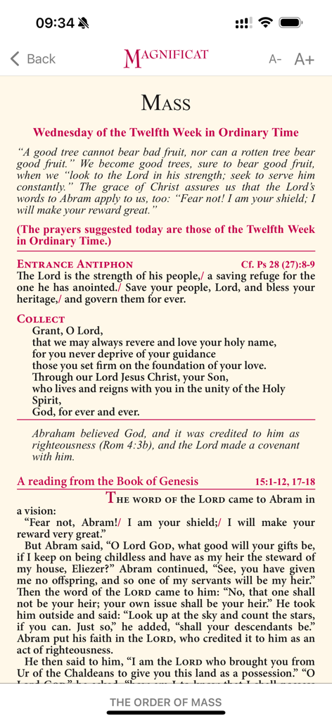 Aplicación Magnificat mostrando lecturas y oraciones de la Misa Católica diaria