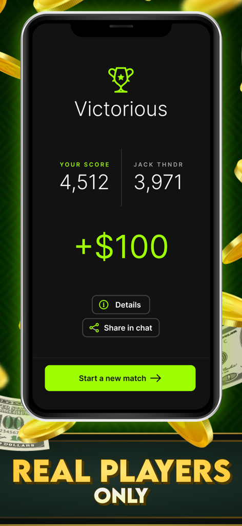 Victory screen of the Clinch app showing a match win of 100 dollars against another player.