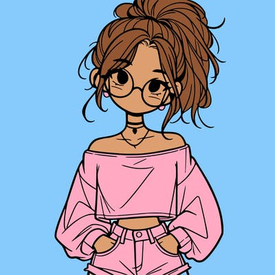girl with a messy ponytail glasses a baggy crop top and jean shorts