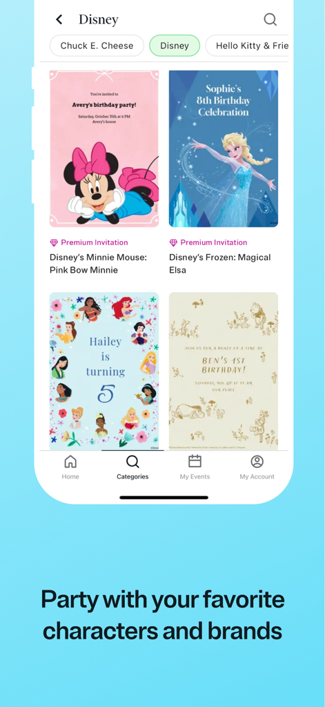 Evite: Party Invitation Maker - Evite app showing Disney themed digital invitation designs for kids birthday parties