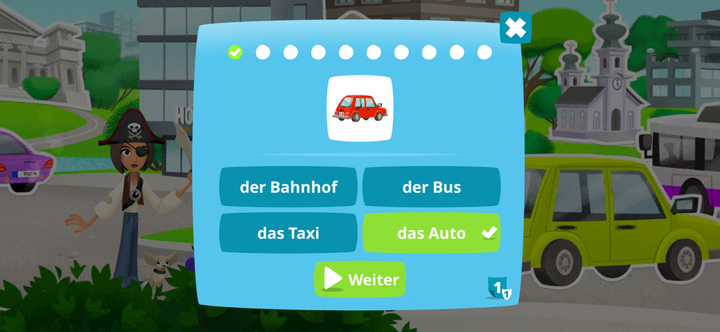 Lern Deutsch - A German vocabulary quiz screen in the Lern Deutsch app showing a red car with the correct answer das Auto selected