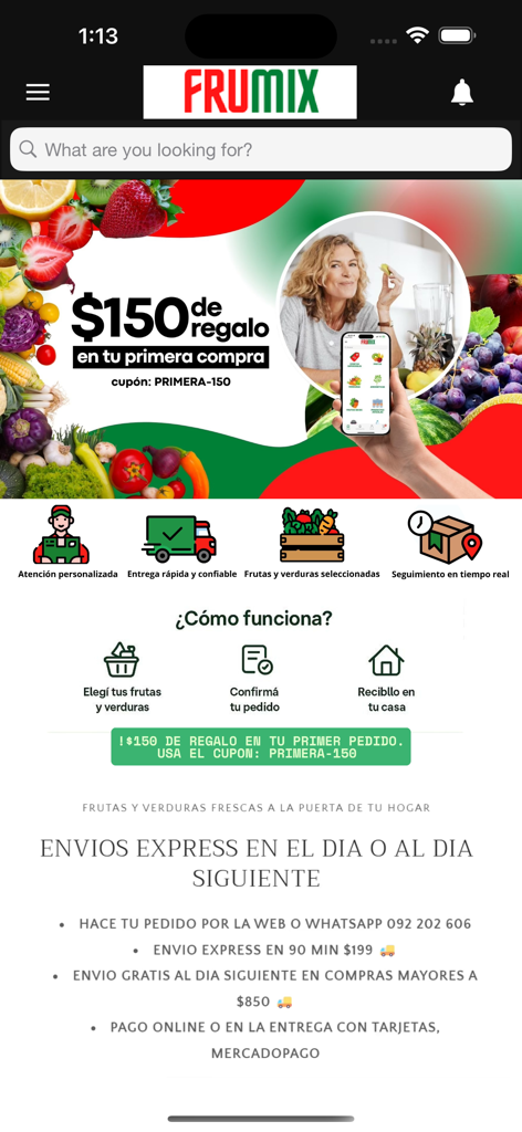 FRUMIX - Frutas y Verduras - Home screen of the FRUMIX app showing grocery delivery features and a first purchase discount promotion.