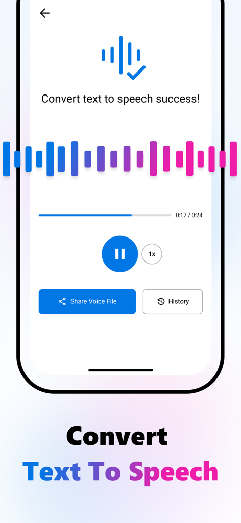 Text To Speech: Image To Text - Una pantalla de aplicación móvil que muestra una conversión exitosa de voz a texto con una interfaz de reproducción de audio y una forma de onda colorida.