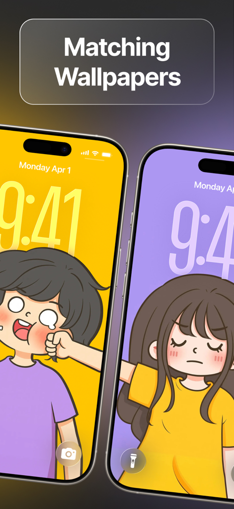 WallPics - Live Wallpapers 4K - Dos iPhones mostrando un conjunto de fondo de pantalla a juego de pareja de dibujos animados de la app WallPics.