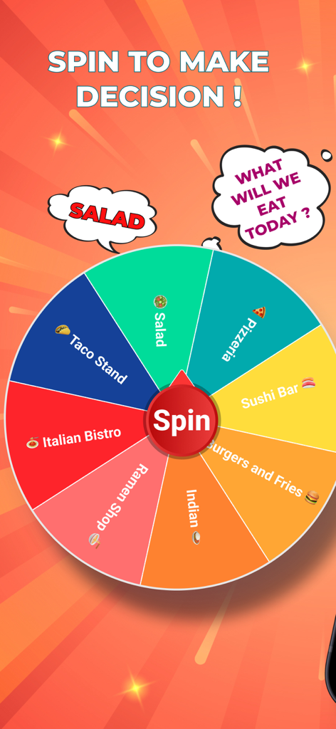 Spin The Wheel - Number Picker - A colorful digital spin wheel with various restaurant and food options to help make a dining decision.