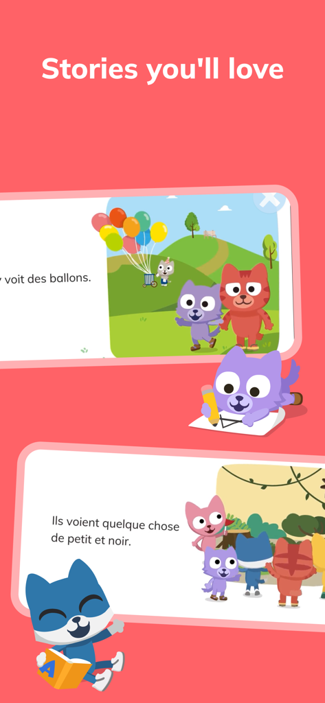 かわいい猫のキャラクターが登場する子供向けのフランス語イマージョンストーリー