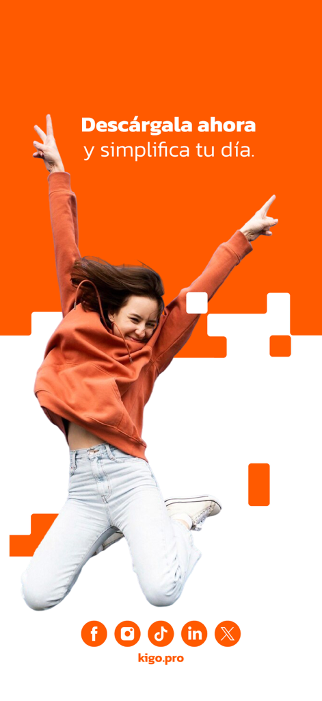 Kigo - Parkimovil - オレンジと白のKigoアプリのプロモーションバナーで飛び跳ねる幸せそうな女性