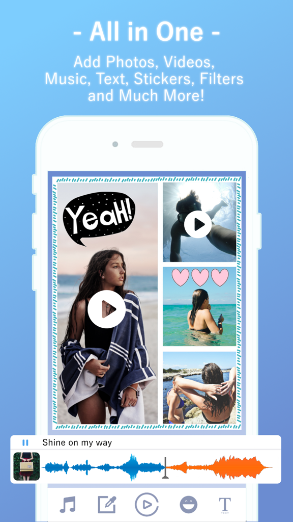 Tela de smartphone mostrando uma colagem de vídeo com forma de onda de música e adesivos criativos