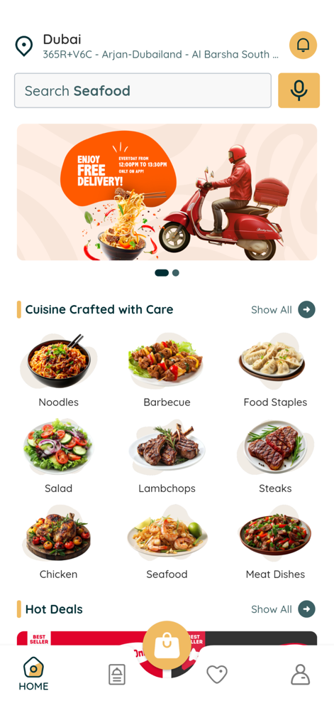 Uyghur Cuisine - Home screen of the Uyghur Cuisine app showing food categories and a free delivery promotion banner.