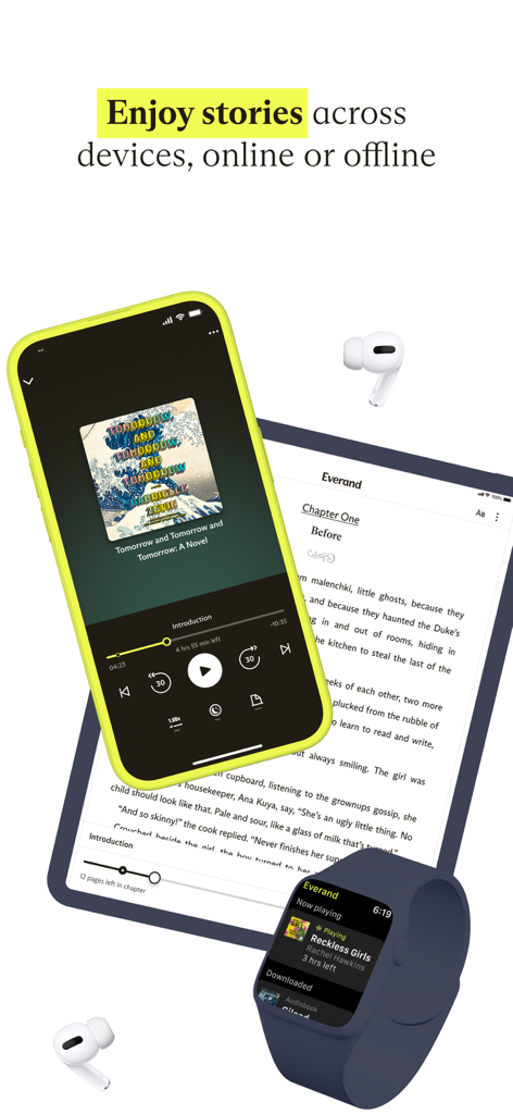 Everand App-Oberfläche auf iPhone, iPad und Apple Watch, die synchronisierte Hörbücher und E-Books anzeigt