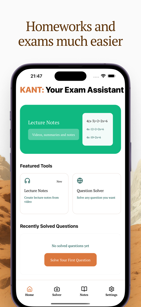 Ozard Exam Assistant app home screen with AI study tools for question solving and lecture notes