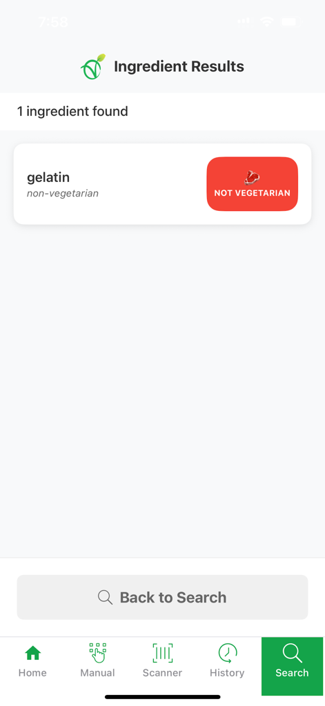 Is It Vegan? - Ingredient search result screen showing gelatin categorized as not vegetarian