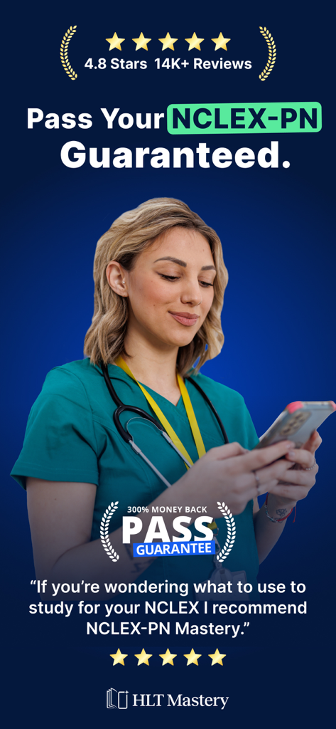 NCLEX PN Mastery Prep - 2026 - Enfermeira usando o aplicativo NCLEX-PN Mastery Prep com garantia de devolução do dinheiro de 300% em caso de reprovação.