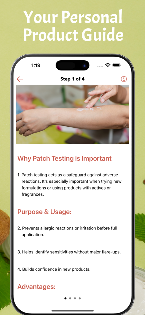 Skin Care: Beauty Tips Offline - Skincare app screen displaying an educational guide on the importance and process of patch testing products on the skin.