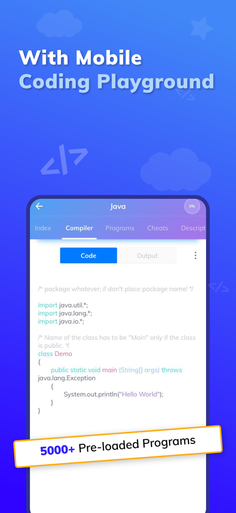 Mobile app interface showing a Java coding playground and compiler with a Hello World program