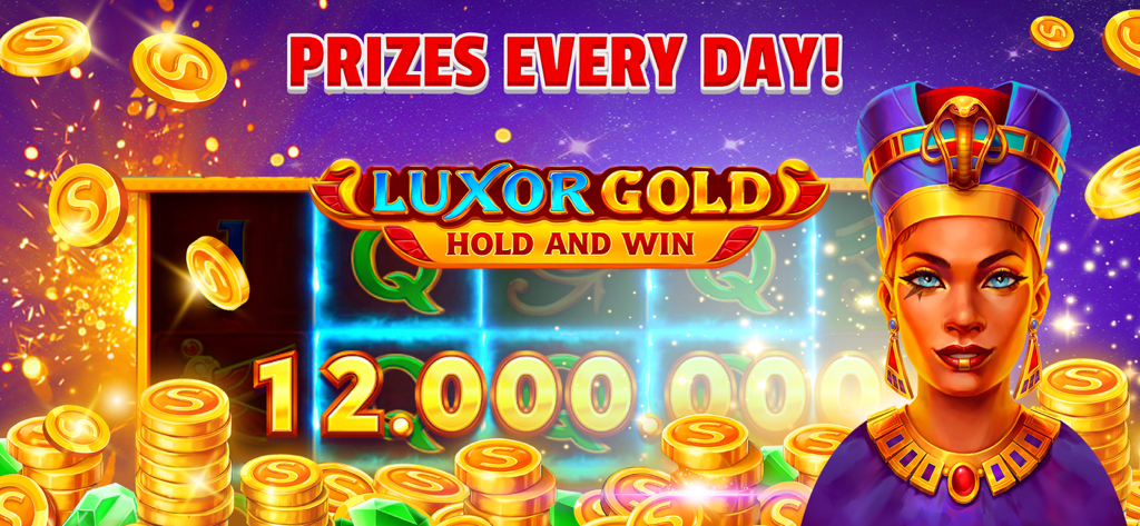 Egyptian themed Luxor Gold slot machine with a twelve million coin jackpot and gold coins