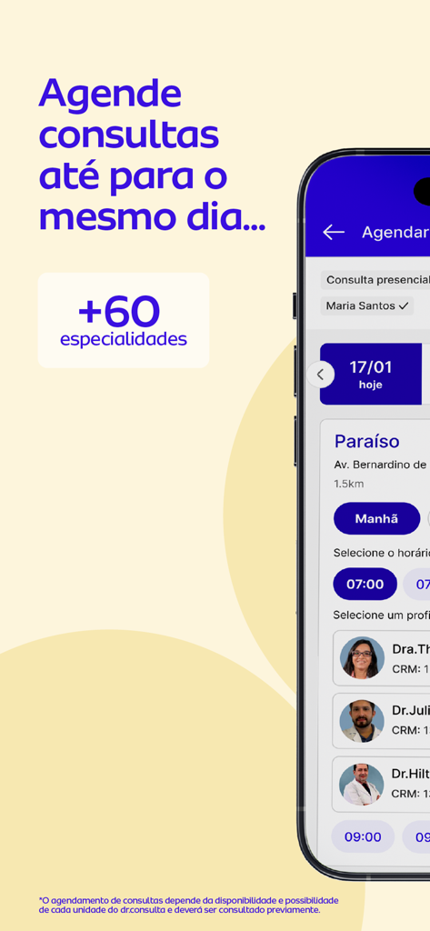 Interface do app dr.consulta para agendamento de consultas médicas em diversas especialidades e escolha de médicos