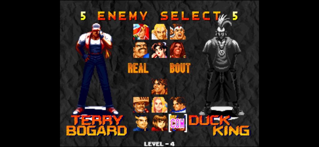 REAL BOUT FATAL FURY - Tela de seleção de personagens em Real Bout Fatal Fury apresentando Terry Bogard e Duck King