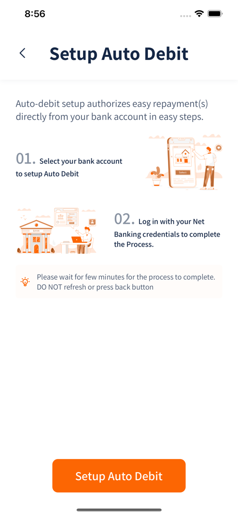 Screenshot of the PayMe app interface showing steps to set up auto debit for loan repayment