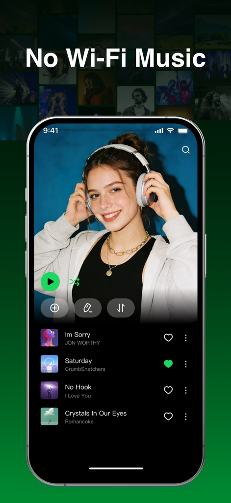 A smartphone screen displaying the Offline Music Player Pro app interface featuring a music playlist and the text No Wi-Fi Music.