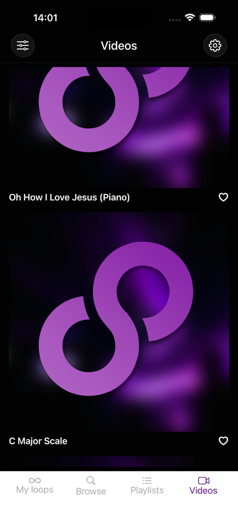 A screen in the Loops By CDub app displaying music video tutorials for piano and scales