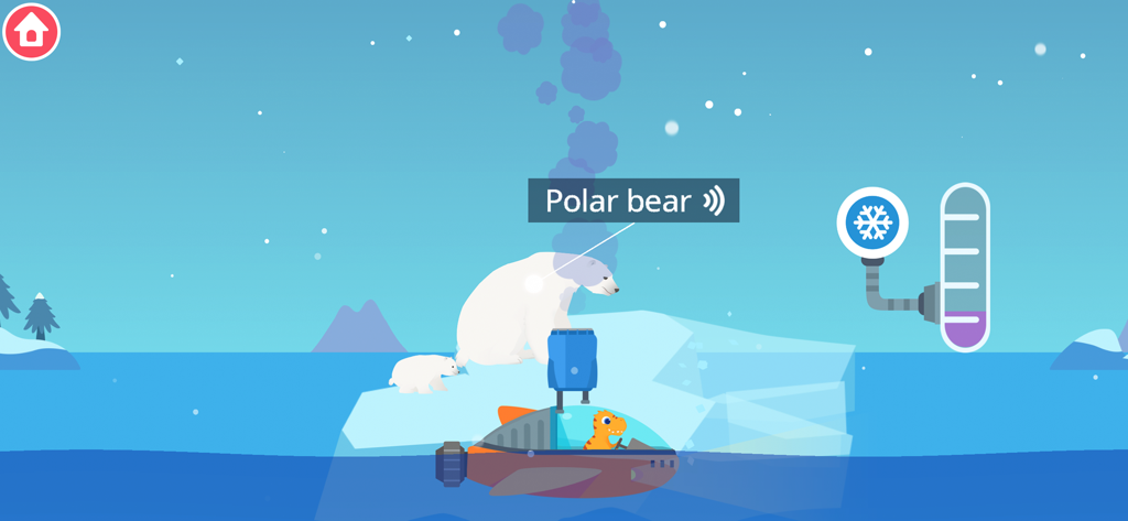 Dinosaur Ocean Explorer Games - A dinosaur in a research vessel observing a polar bear and cub on an iceberg in the arctic