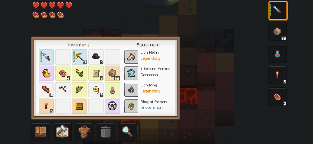 PixelTerra inventory and equipment menu showing legendary items and survival resources in a 2D pixel art style