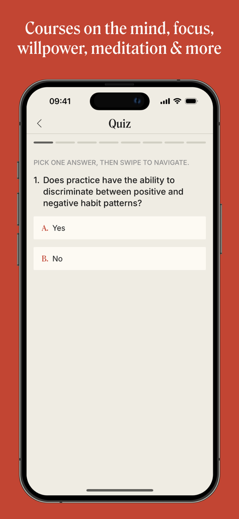 A smartphone screen displaying a quiz question about positive and negative habit patterns within the Dandapani Learn to Focus app.