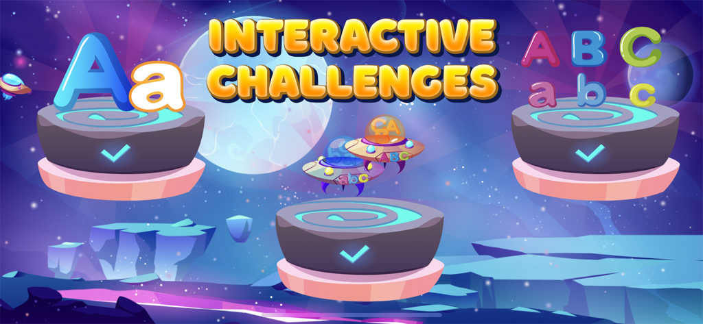 ABC learning games for kids 2+ - Desafíos interactivos de aprendizaje del abecedario en un colorido mundo espacial con letras y OVNIs