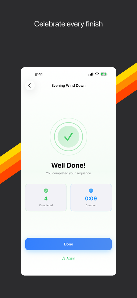 Sequence - Timer & Routines - La pantalla "Bien Hecho" en la aplicación Sequence que muestra los pasos completados y la duración de una rutina nocturna.