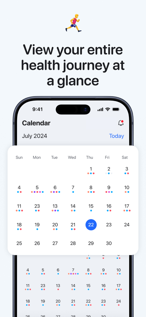 Pep GLP-1 Tracker app showing a monthly calendar view with color coded health tracking dots