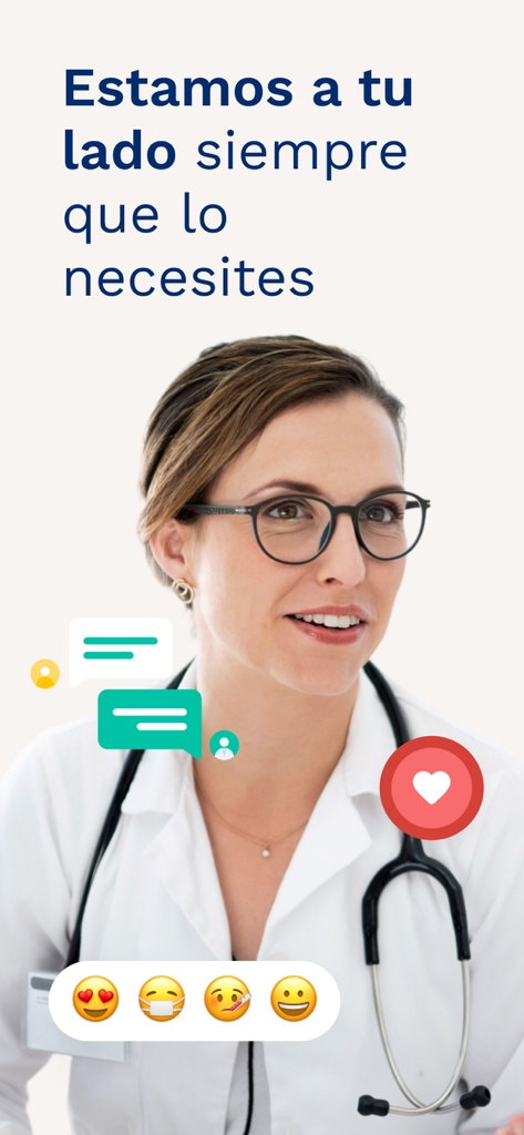 Doctoralia - Mexico - Doctoralia Mexico 앱의 의료 채팅 거품 및 이모티콘이 있는 여성 의사