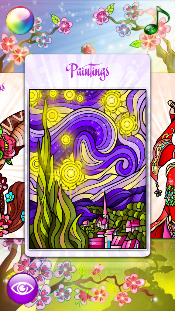 Digitale Malvorlage eines Sternennacht-Gemäldes im Abschnitt 'Gemälde' der App.