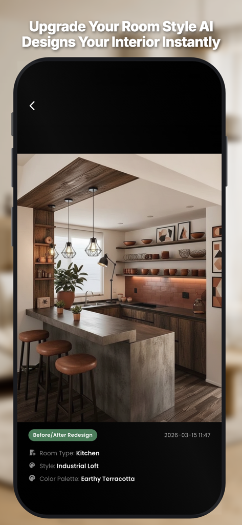 AI Room Design : Home Interior - An industrial loft kitchen interior designed using AI technology with earthy terracotta colors.