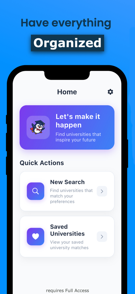 Penguni - Find College - Home screen of the Penguni app showing quick actions for university search and saved universities with a clean modern design