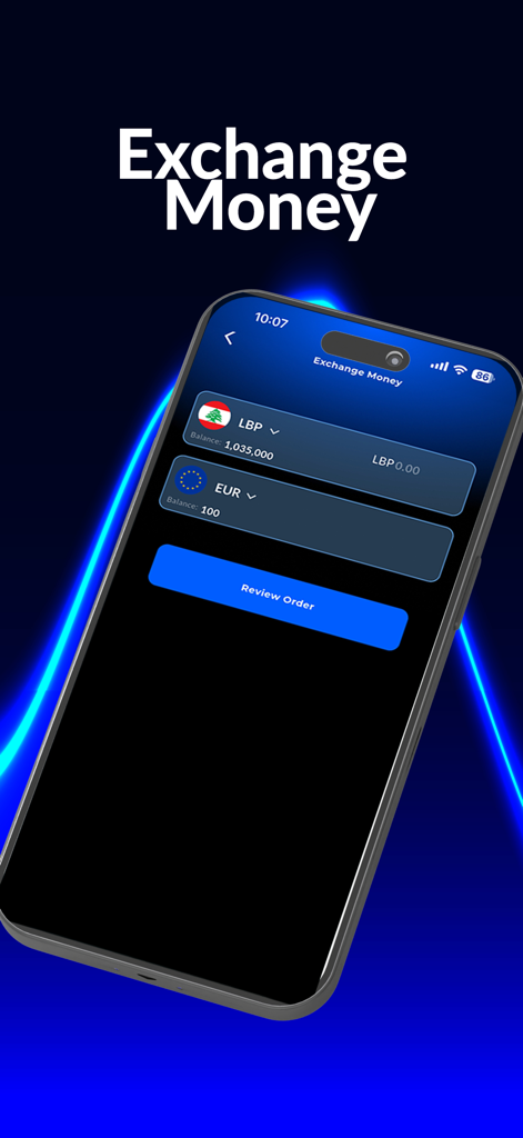 Blue Wallet Fintech - Interfaz de cambio de divisas de la aplicación Blue Wallet Fintech que muestra la conversión de LBP y EUR