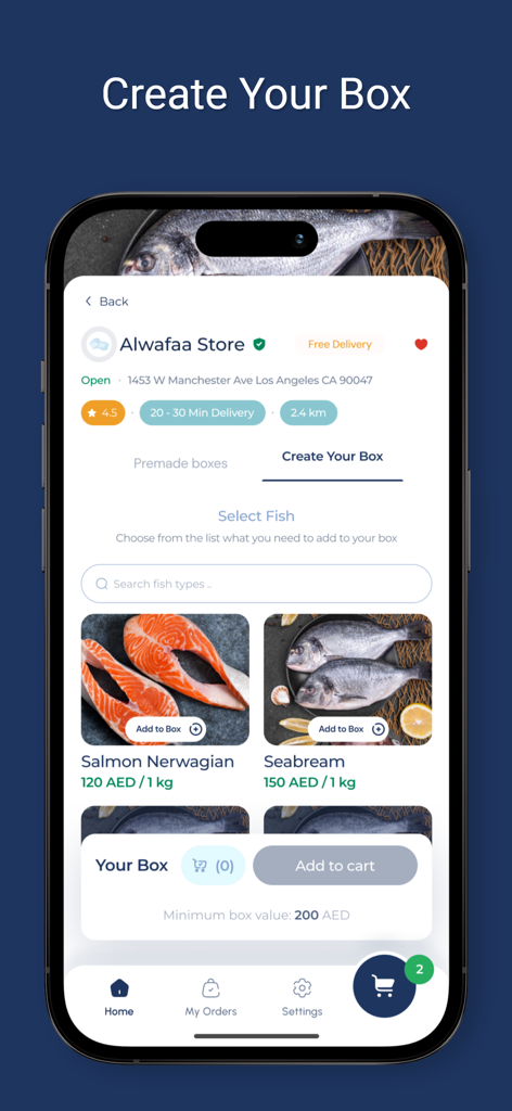 The Fish App interface for creating a custom seafood box featuring salmon and seabream options for delivery.