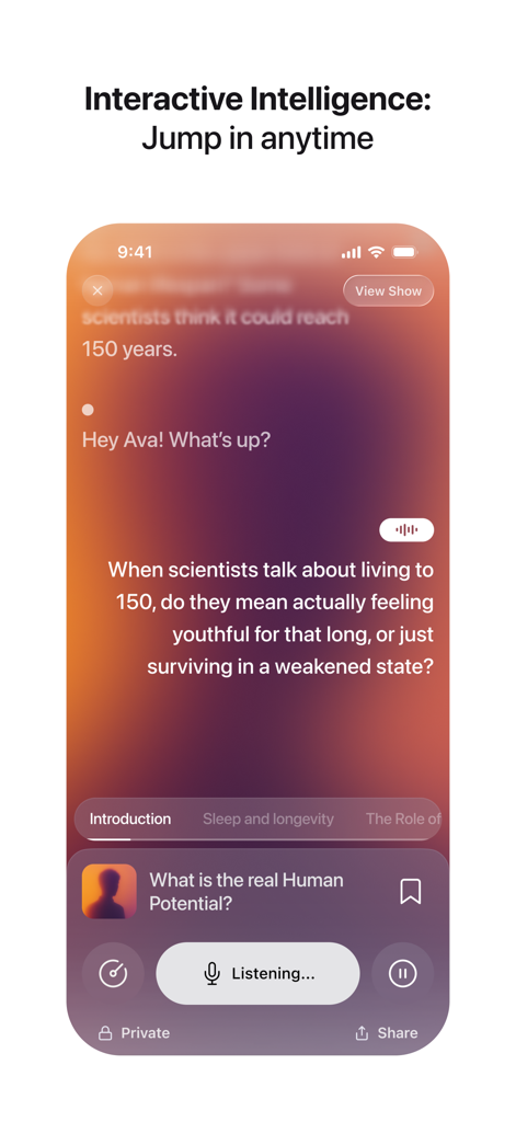 Huxe app interface displaying a voice conversation with AI about human longevity