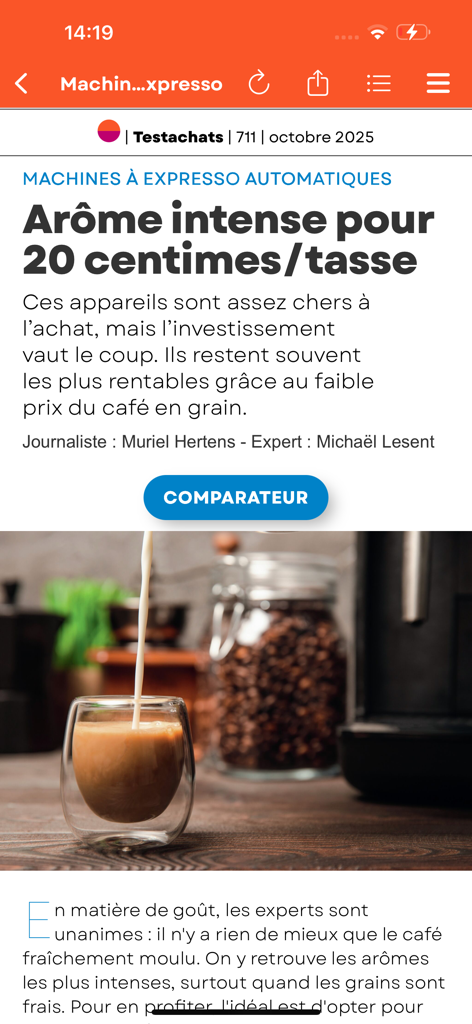 가격 비교 도구가 포함된 자동 에스프레소 머신을 리뷰하는 Testachats Digital 앱의 기사.