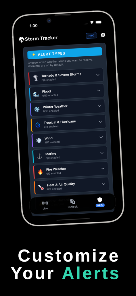 Storm Tracker by WeatherAlerts - Interface of Storm Tracker app showing customizable weather alert categories including tornado flood and hurricane