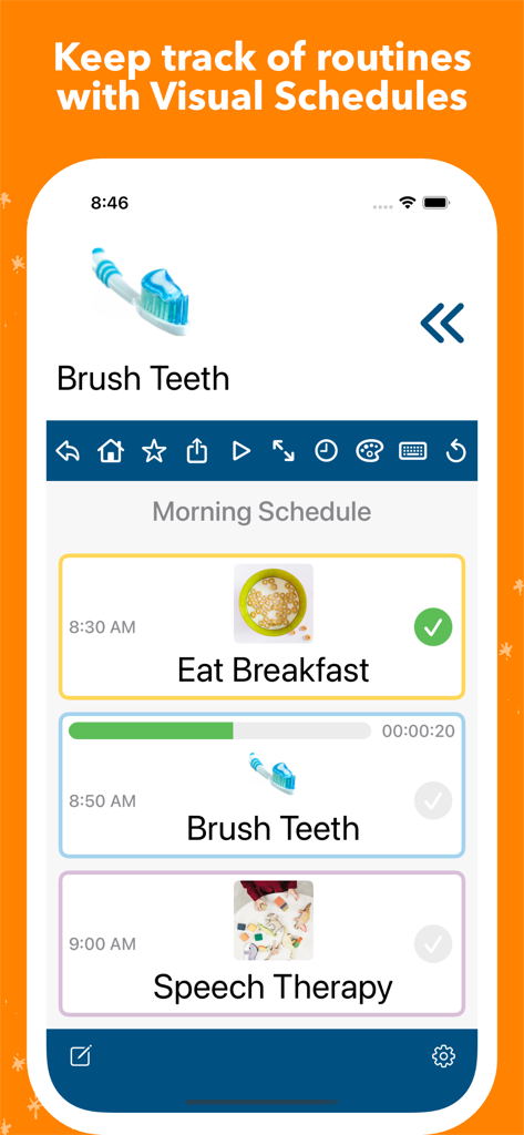 Aplicación Mighty AAC que muestra un horario visual de rutina matutina con tareas como desayunar y cepillarse los dientes