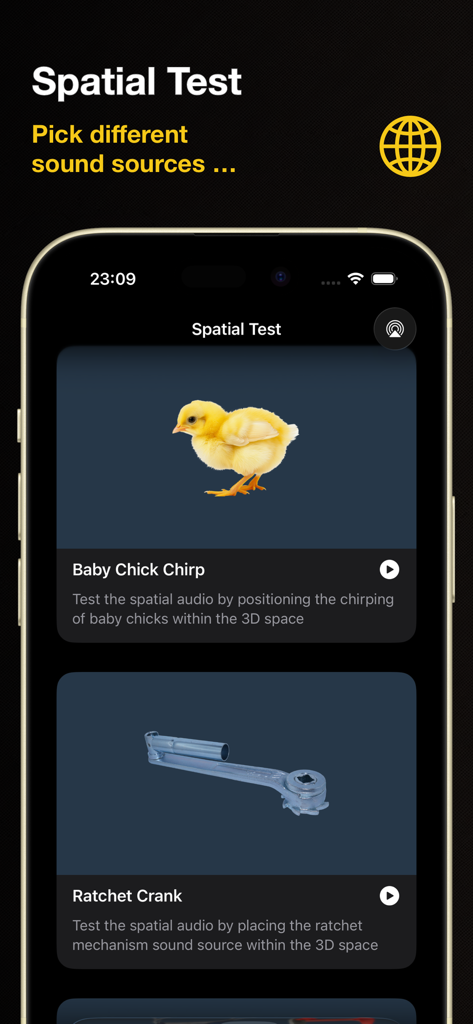 Sound test for Dolby Atmos - Ein Smartphone-Bildschirm mit räumlichen Audio-Testquellen, darunter ein Baby-Kücken-Piepen und eine Ratschenkurbel für die Dolby Atmos-Kalibrierung.