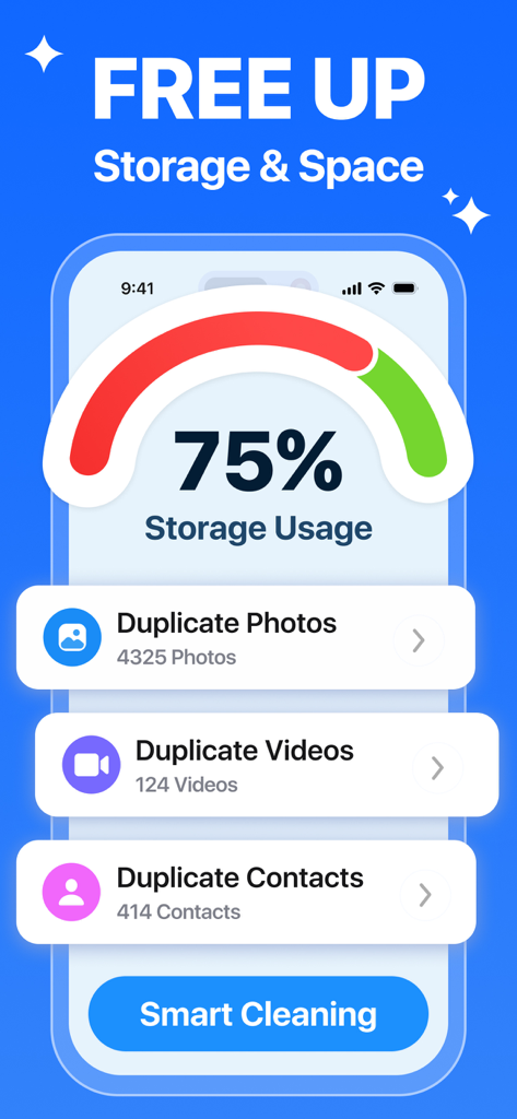 Interfaz de la aplicación Phone Cleaner que muestra el porcentaje de uso del almacenamiento y las opciones para limpiar fotos, videos y contactos duplicados.