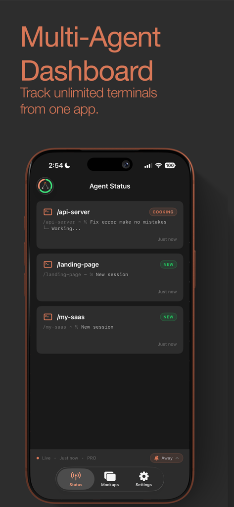 Agentfy: AI Agent Monitor - Agentfy app multi-agent dashboard showing real-time status tracking for multiple AI terminal sessions on an iPhone.